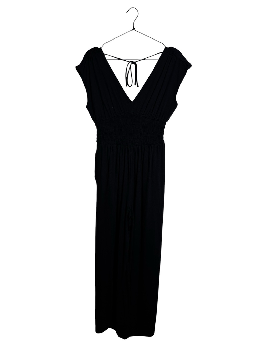 Old Navy Black Smocked Waist V-Neck Wide Leg Jumpsuit Cap Sleeve Jersey